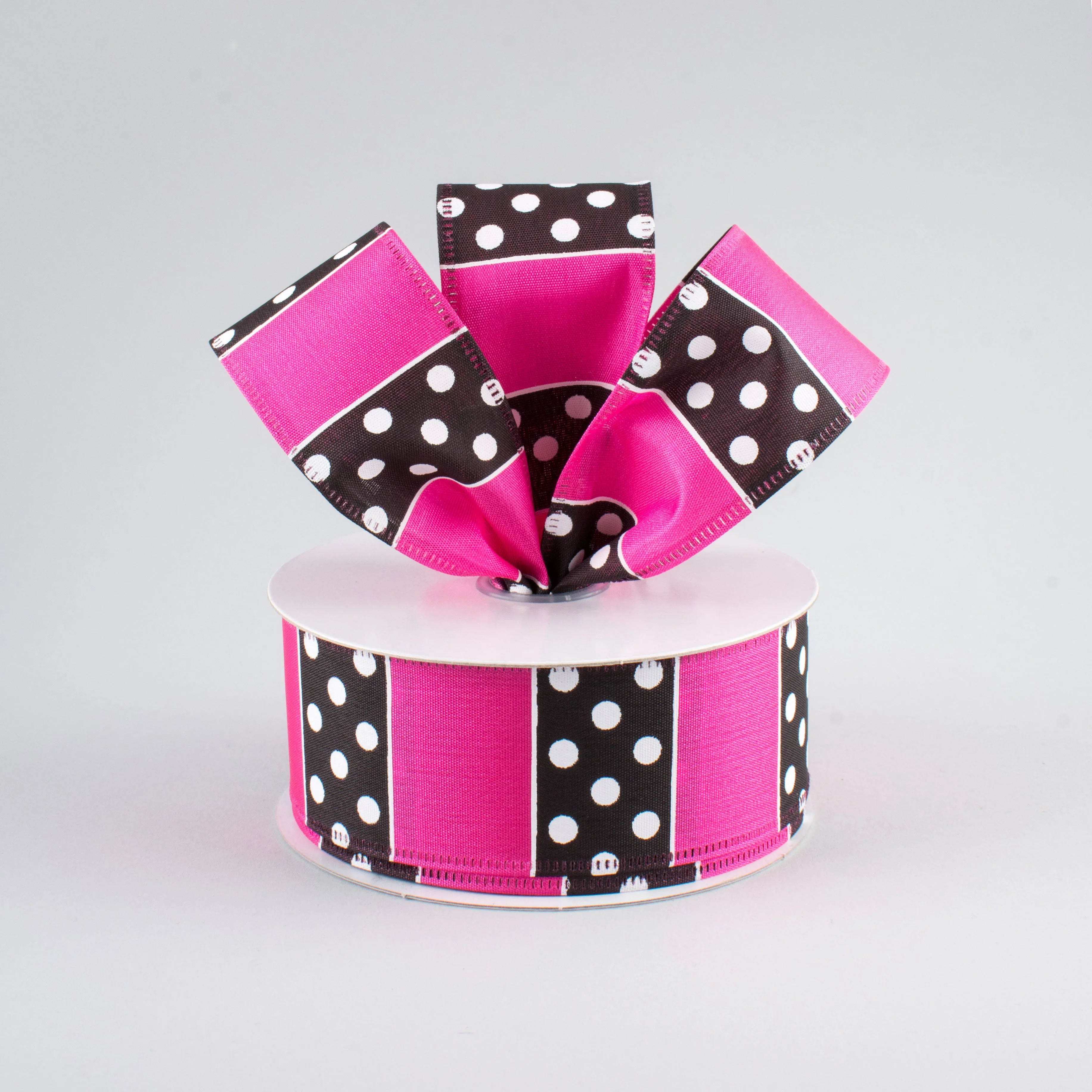 1.5" B & W Polka Dot Stripes Ribbon: Pink (10 Yards)