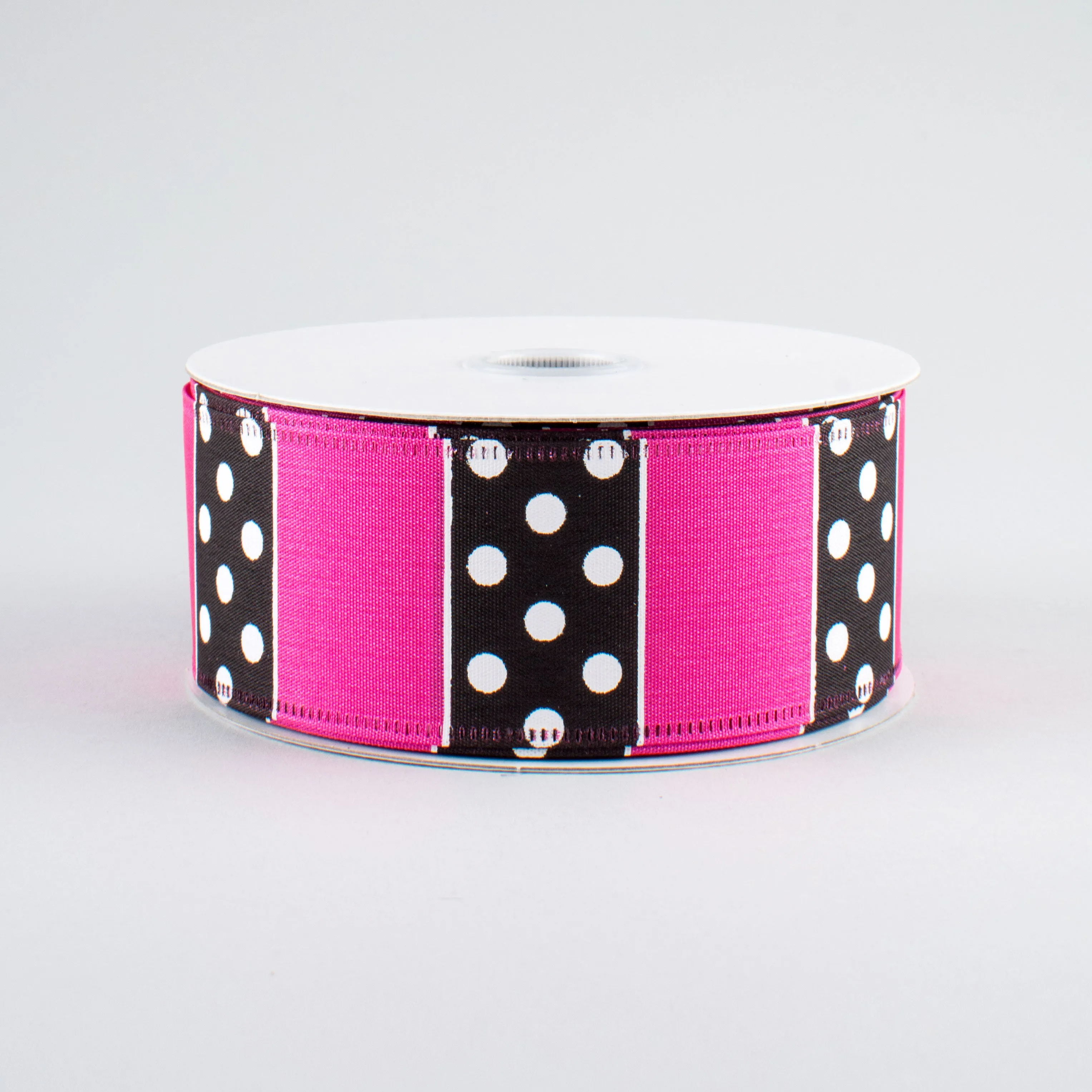 1.5" B & W Polka Dot Stripes Ribbon: Pink (10 Yards)