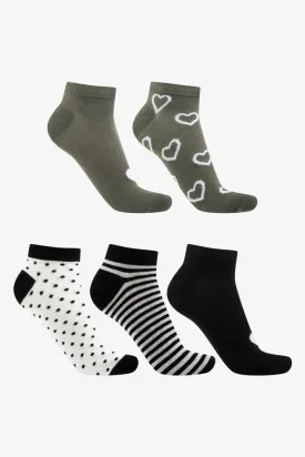5 Pack Hearts Low Cut Socks Olive Green