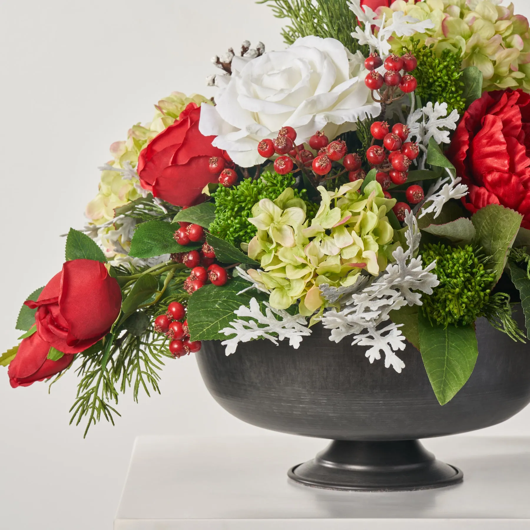 Abundance Red Peony, Green Hydrangea & White Rose Christmas Arrangement in Fable Compote Urn