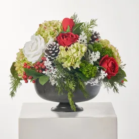 Abundance Red Peony, Green Hydrangea & White Rose Christmas Arrangement in Fable Compote Urn