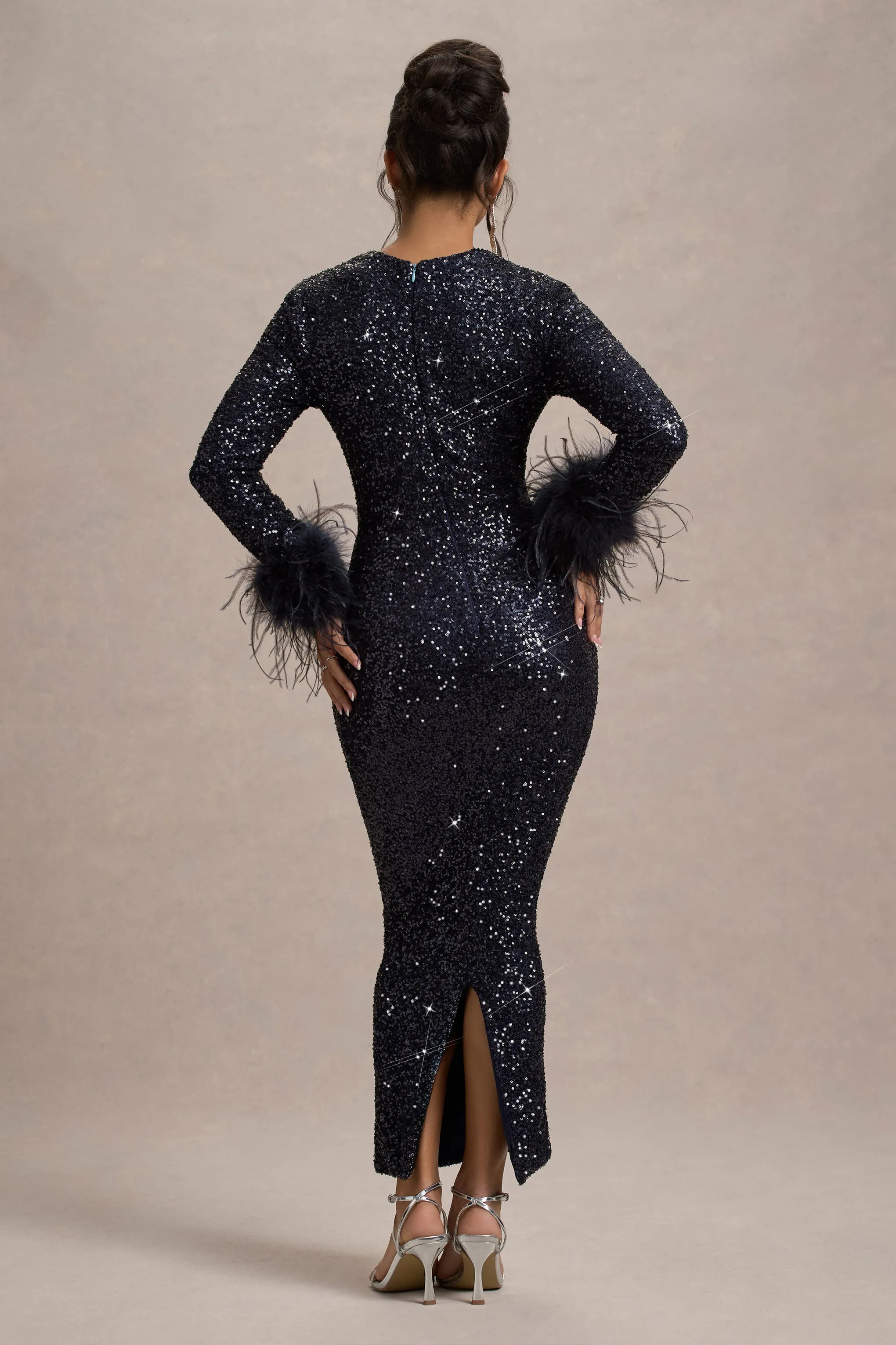 Analina Navy Sequin Midi Dress with Long Sleeves and Feather Cuffs