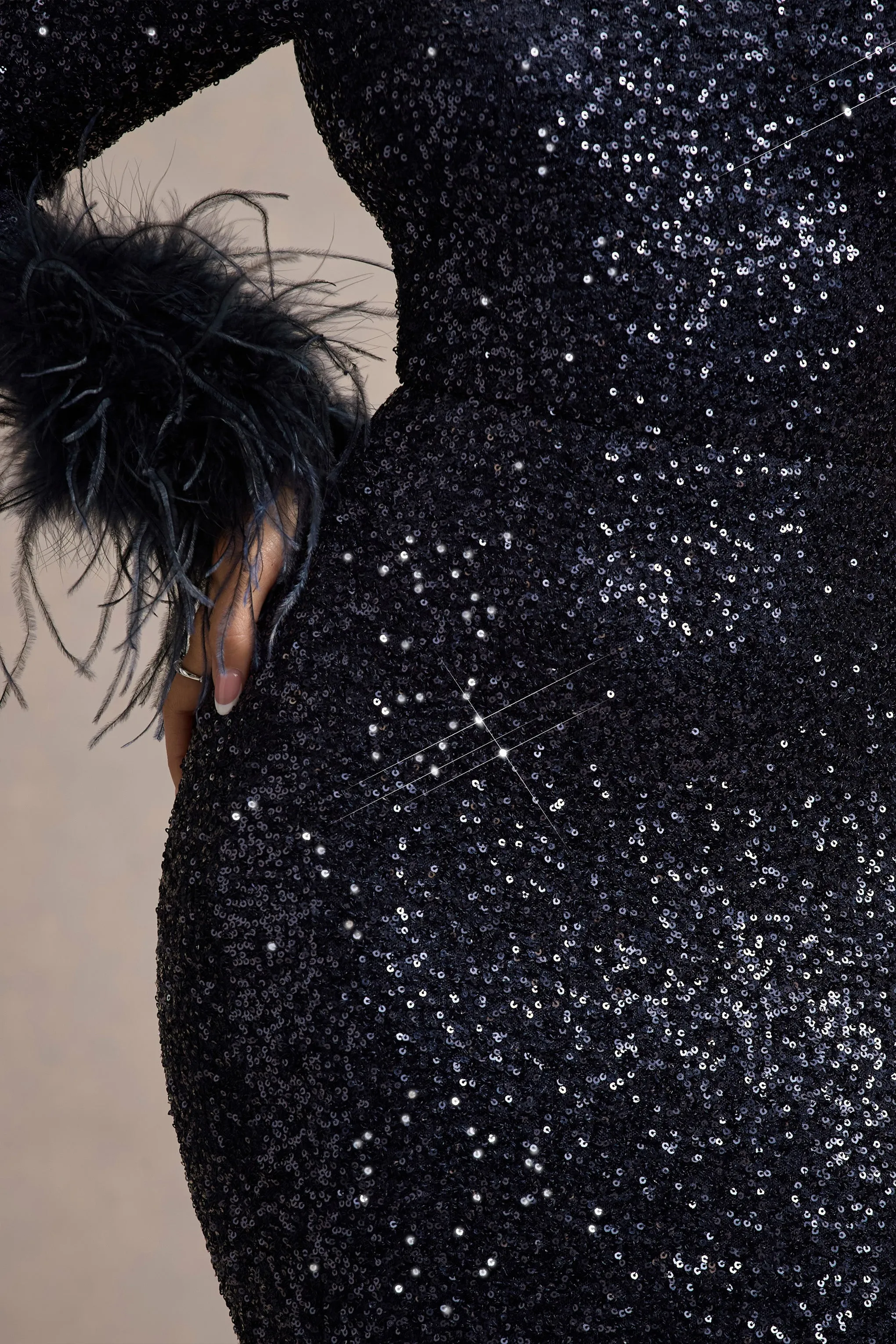 Analina Navy Sequin Midi Dress with Long Sleeves and Feather Cuffs