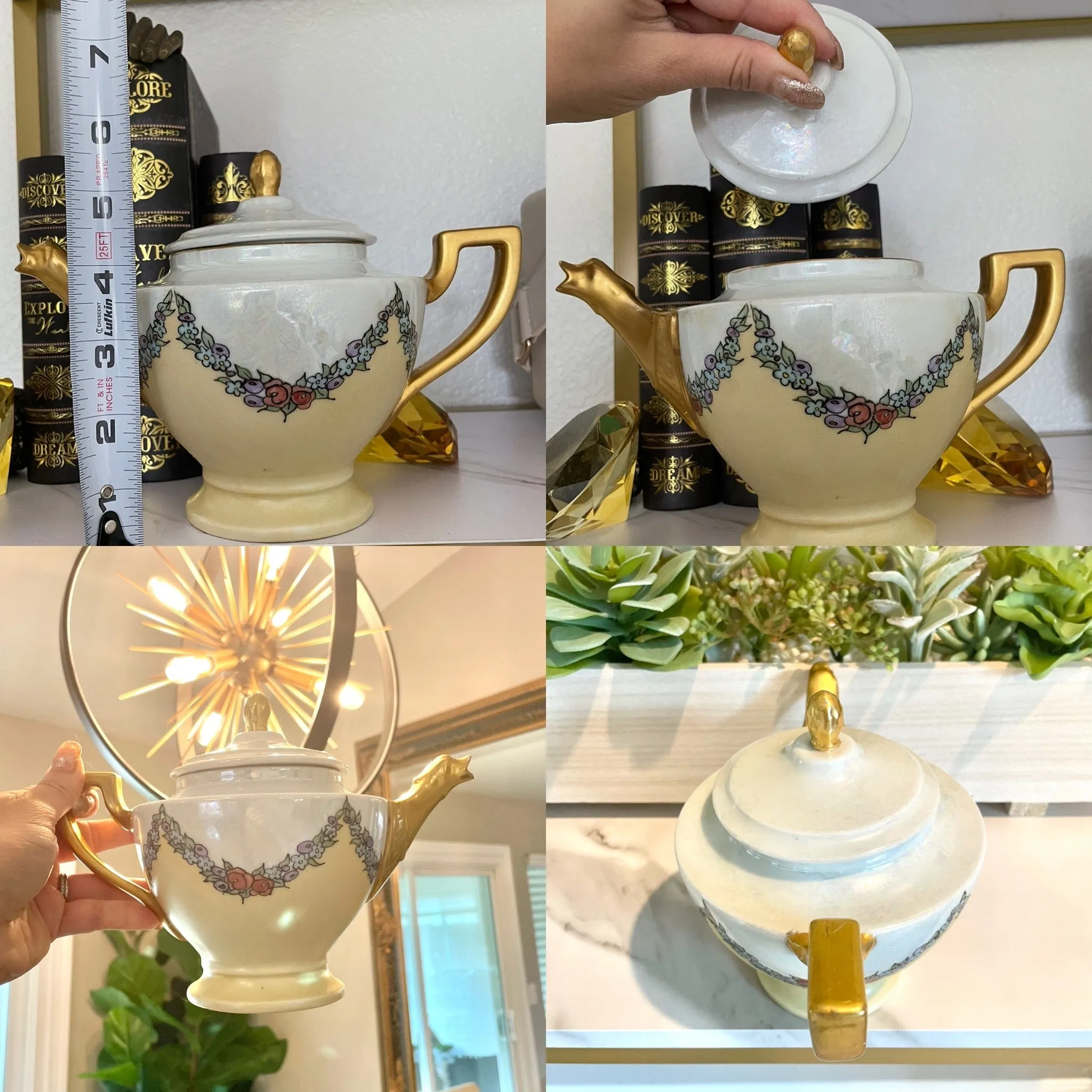 Antique Signed 18 Cechoslovakia Tea Pot Lusterware Floral Gold Gilt Czech Teapot