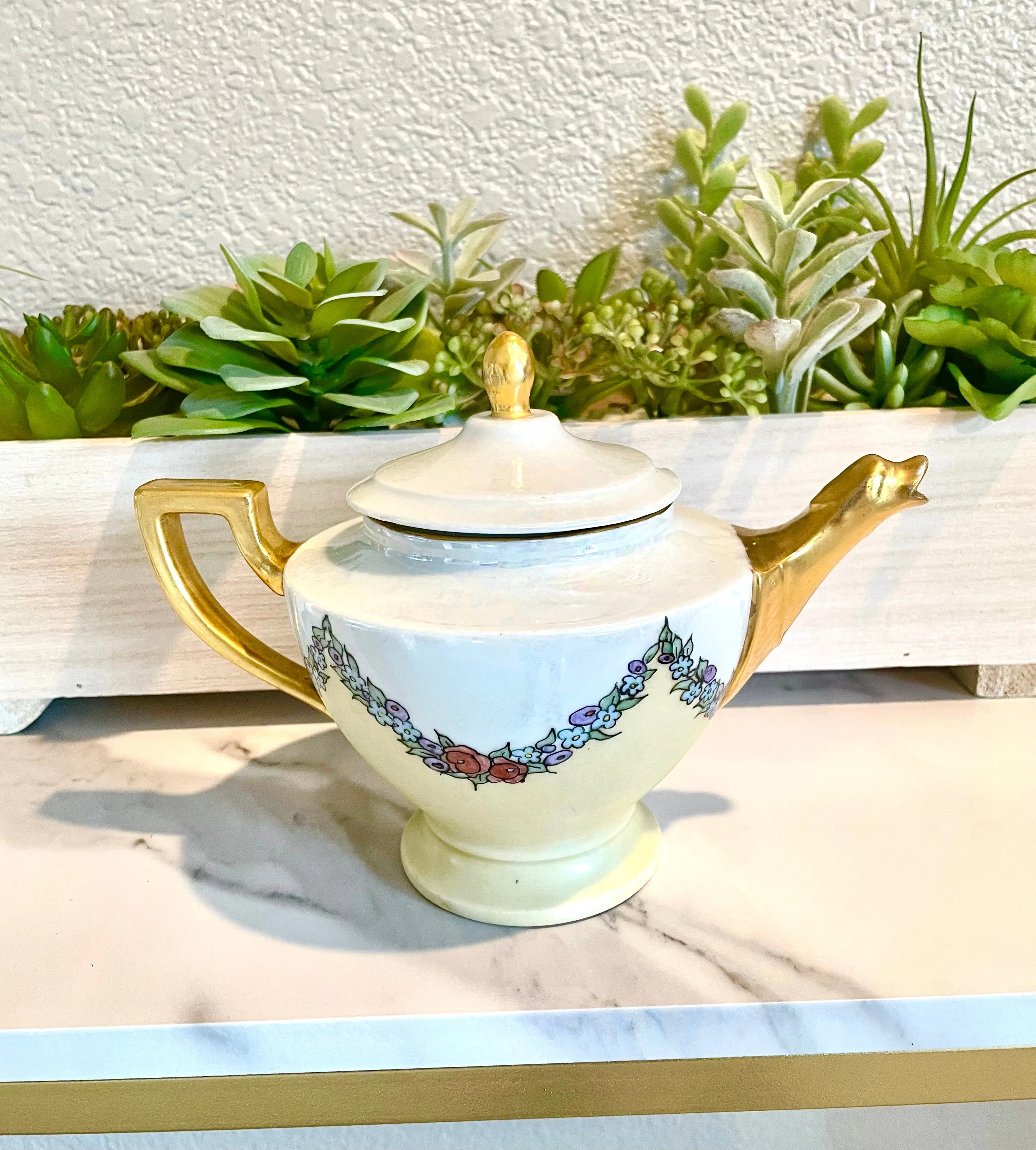 Antique Signed 18 Cechoslovakia Tea Pot Lusterware Floral Gold Gilt Czech Teapot