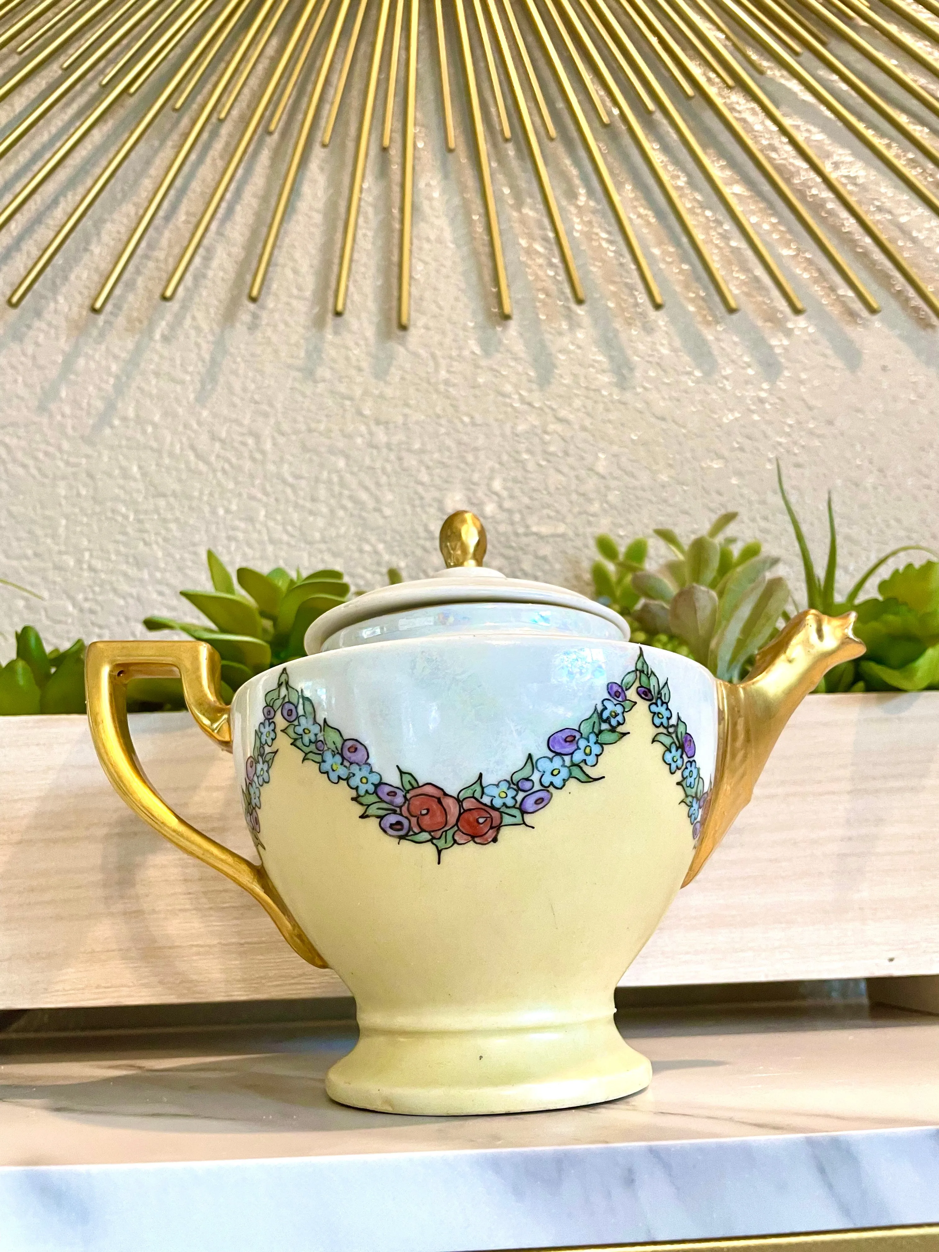 Antique Signed 18 Cechoslovakia Tea Pot Lusterware Floral Gold Gilt Czech Teapot