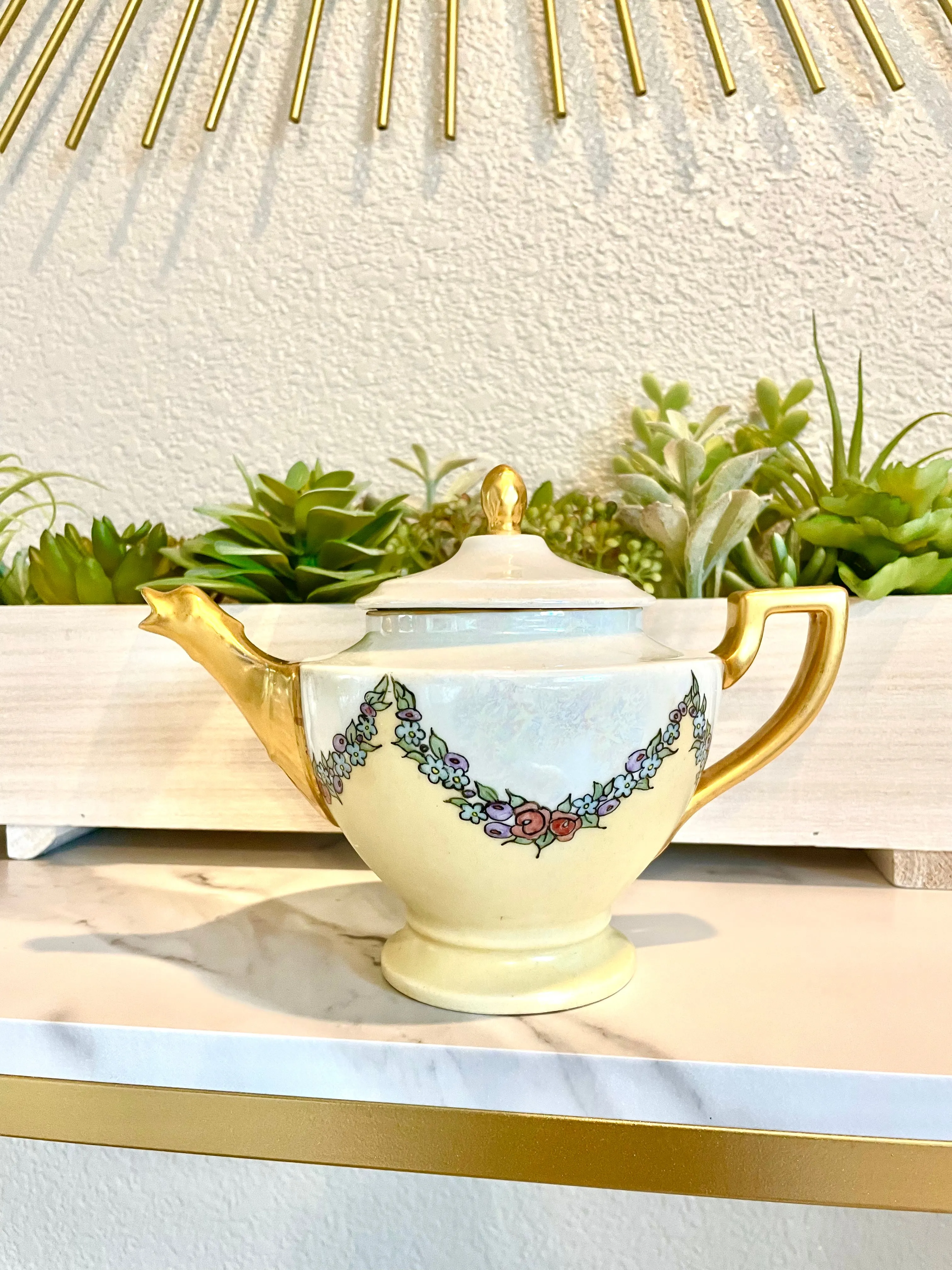 Antique Signed 18 Cechoslovakia Tea Pot Lusterware Floral Gold Gilt Czech Teapot