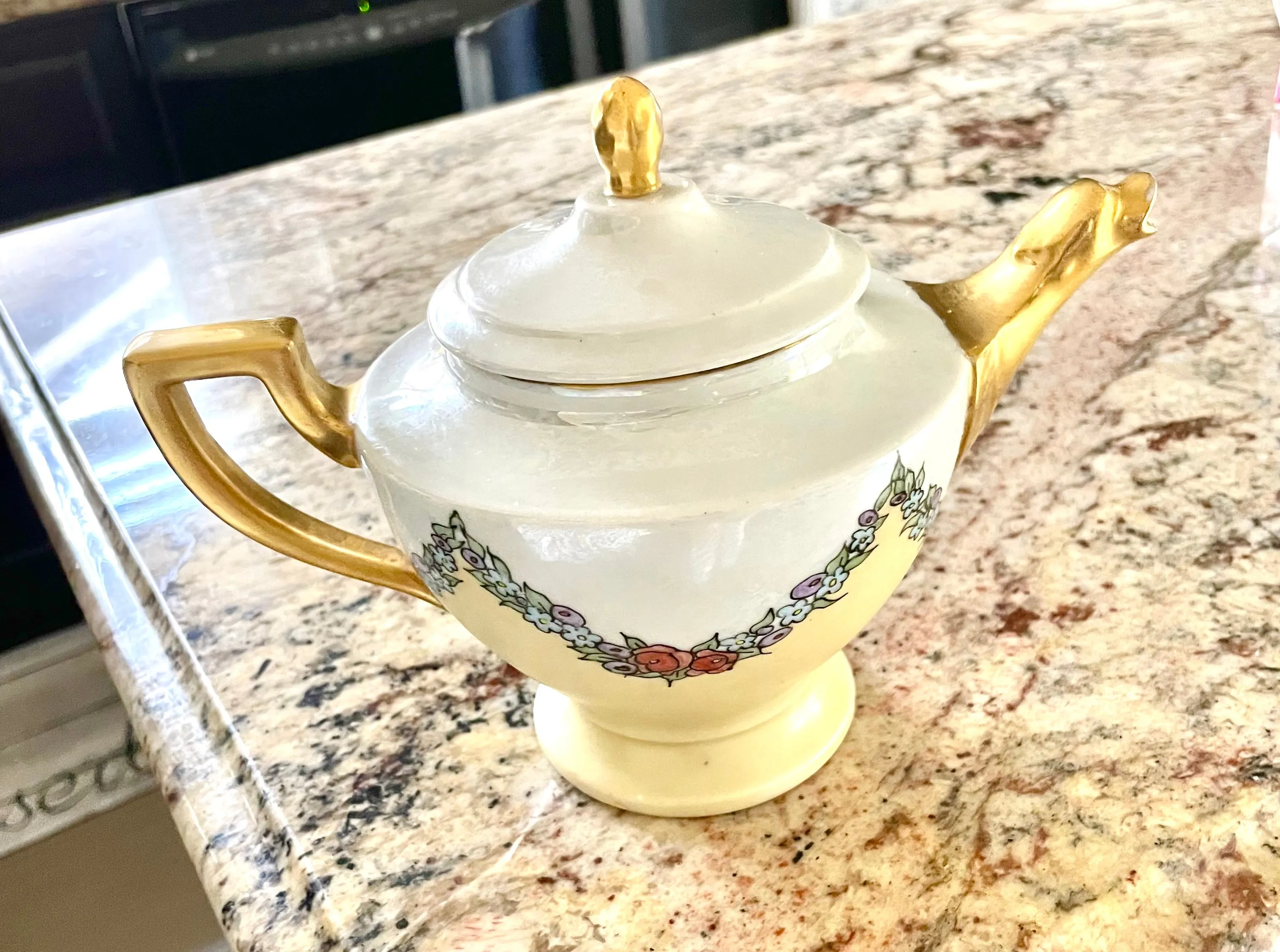 Antique Signed 18 Cechoslovakia Tea Pot Lusterware Floral Gold Gilt Czech Teapot