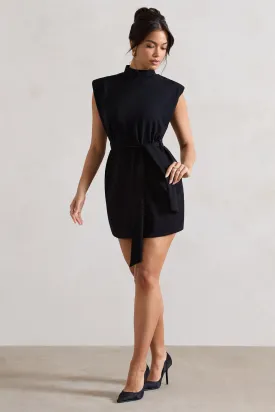 Asher | Black High-Neck Mini Dress With Tie Waist