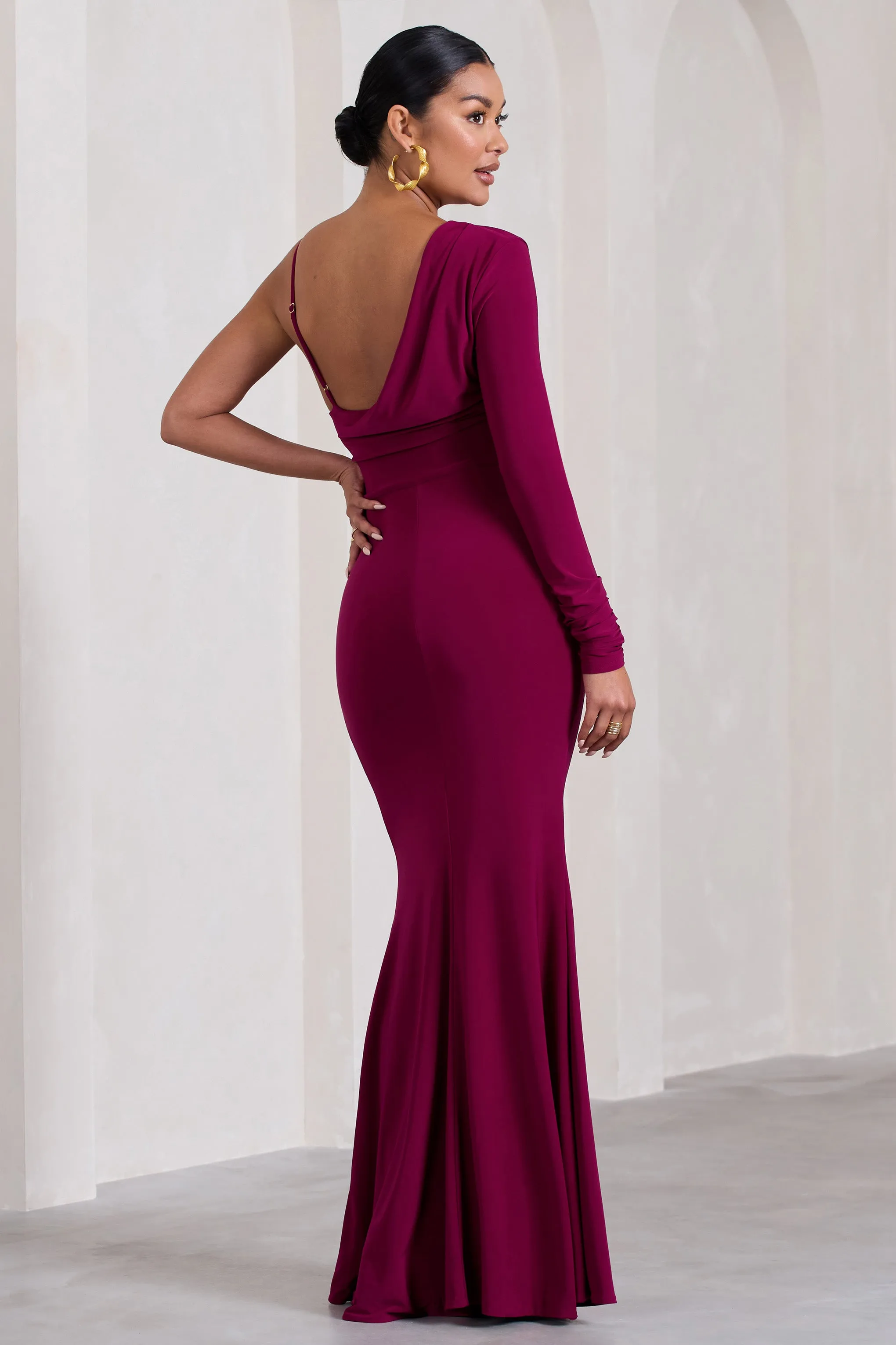 At Dusk | Berry Maternity One-Sleeved Cowl-Neck Fishtail Maxi Dress