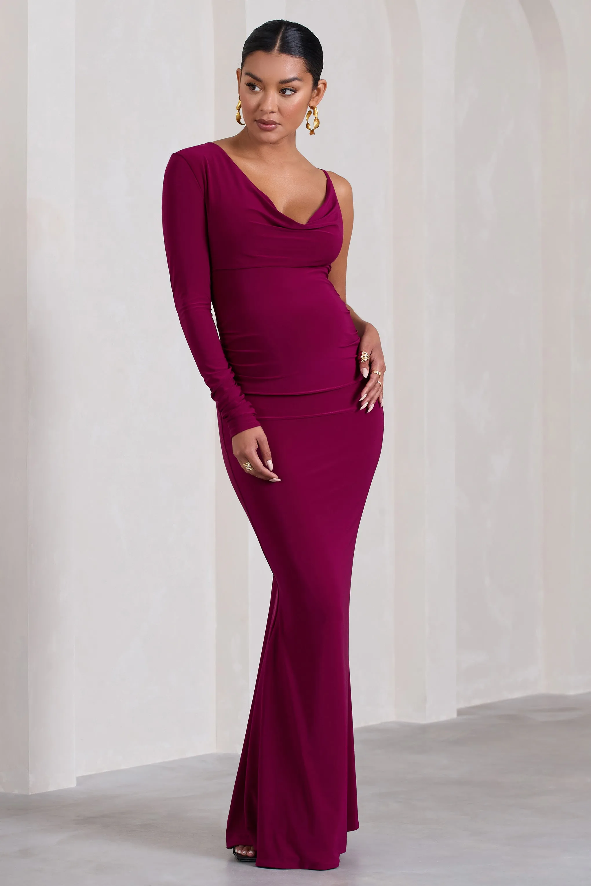 At Dusk | Berry Maternity One-Sleeved Cowl-Neck Fishtail Maxi Dress