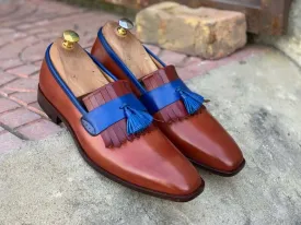 Awesome Handmade Men's Blue & Brown Leather Fringes Loafer Shoes, Men Dress Formal Party Shoes