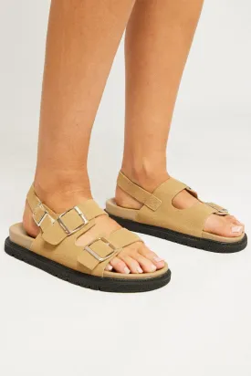 Beige Double Buckle Suede Sandals