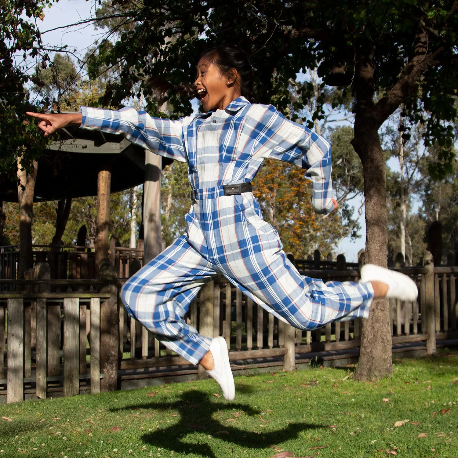Blauw en wit tartan overall