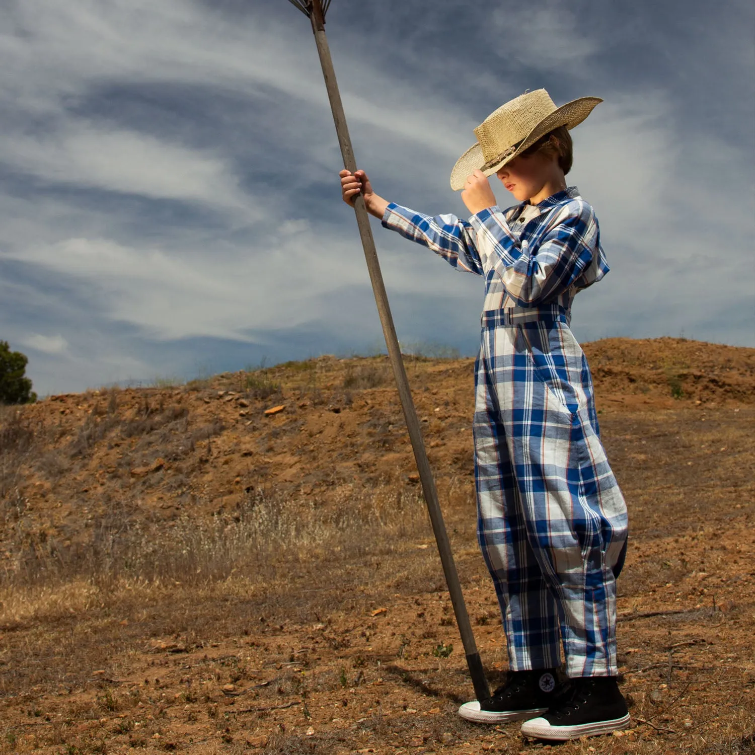Blauw en wit tartan overall