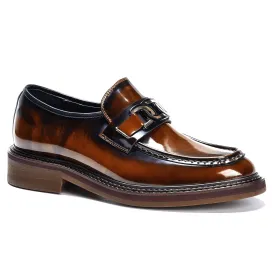 Brown leather loafers with metal buckle