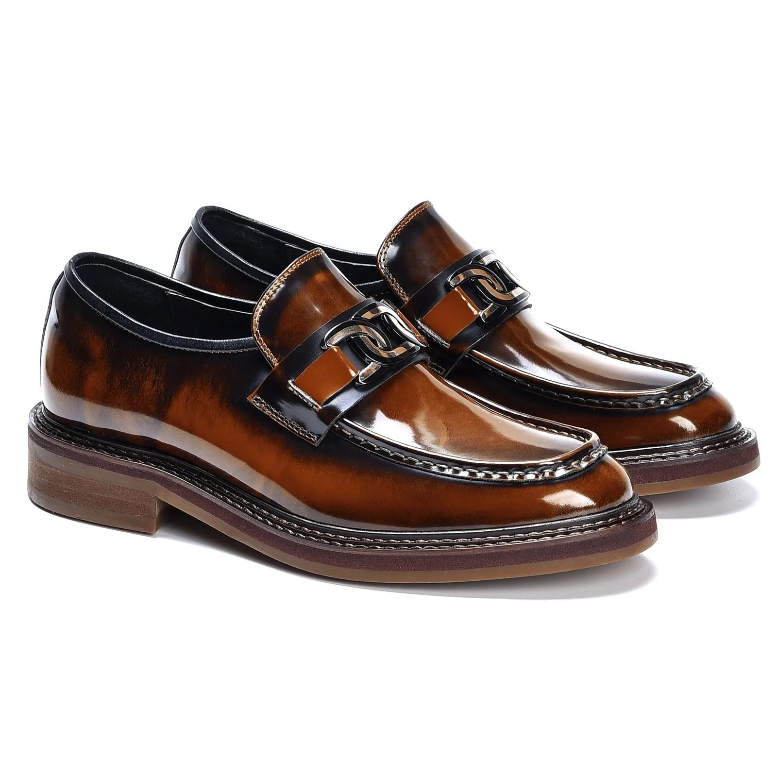 Brown leather loafers with metal buckle