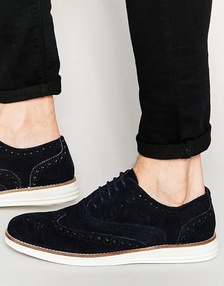 Dune Brogues In Navy Suede With Contrast Sole