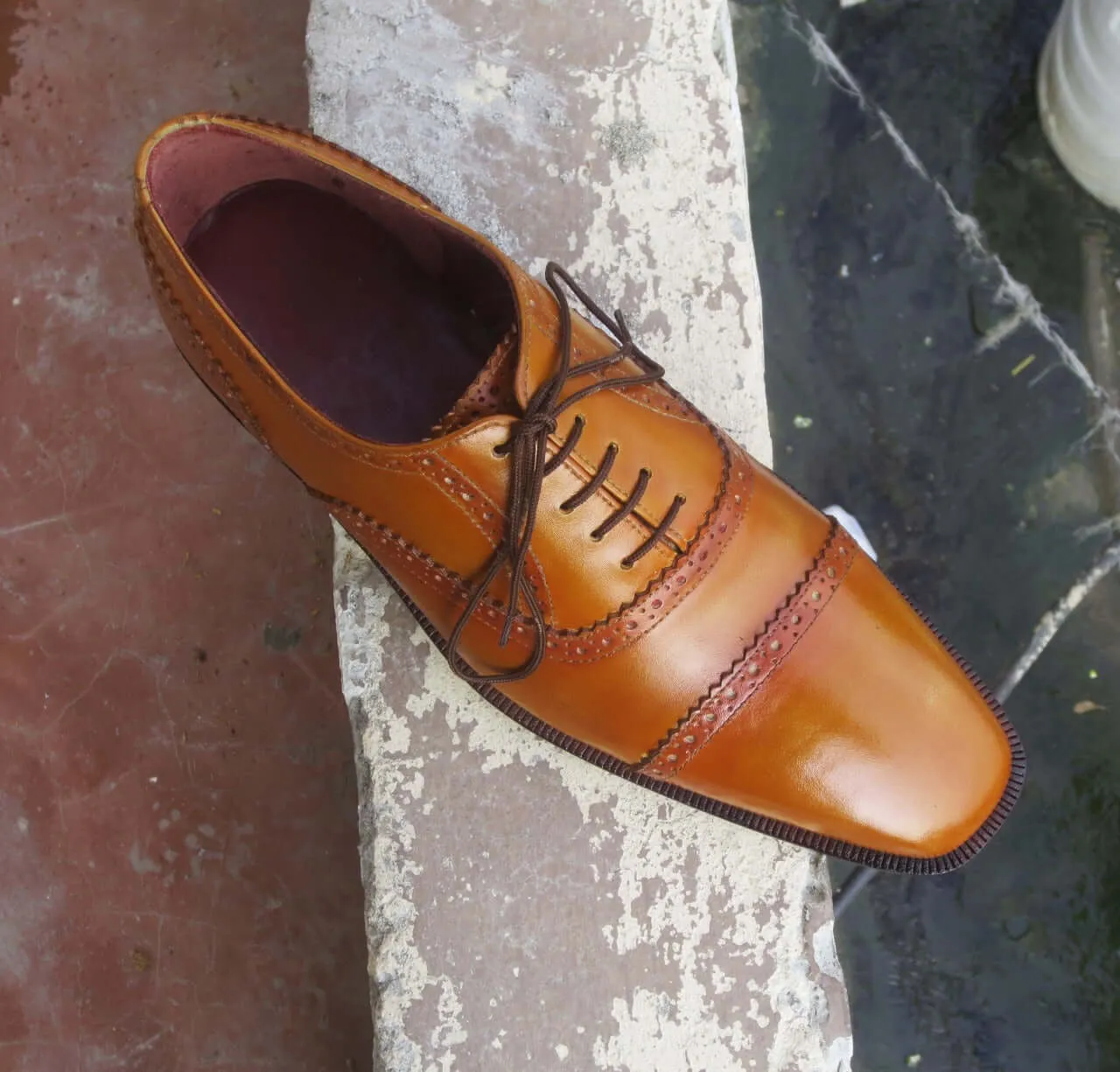 Elegant Design Handmade Men's Leather Tan Color Oxford Dress Lace Up Shoes