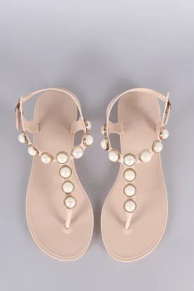 Faux Pearl Embellished T-Strap Thong Flat Sandal
