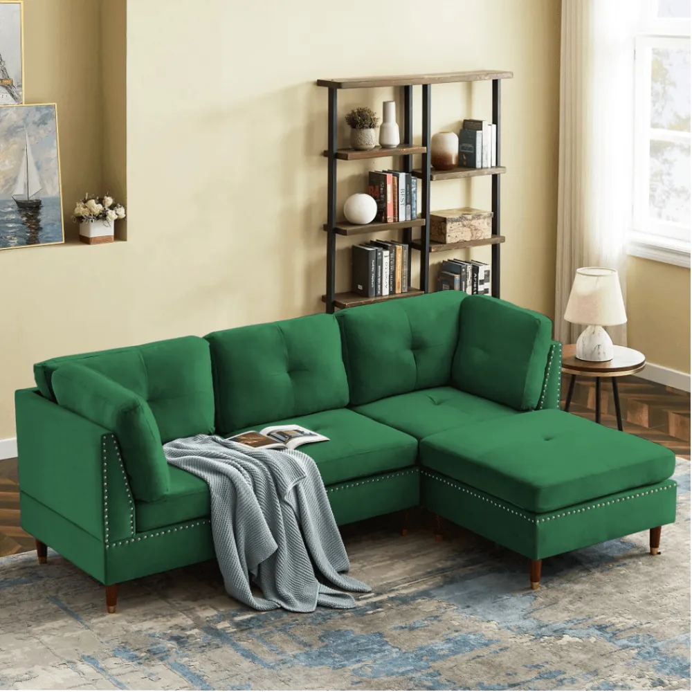 Glossy Sectional Suede Sofa Set With Ottoman