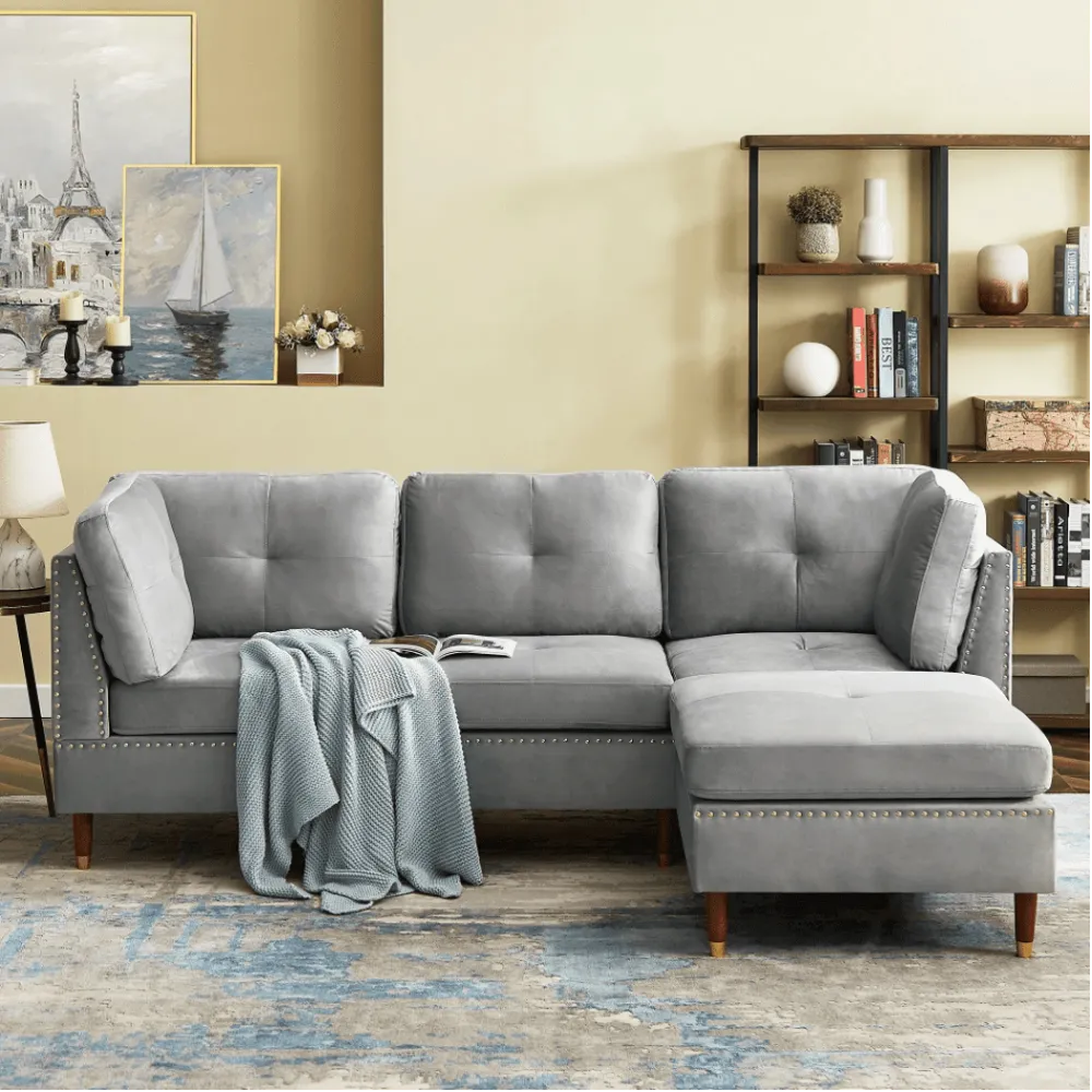 Glossy Sectional Suede Sofa Set With Ottoman