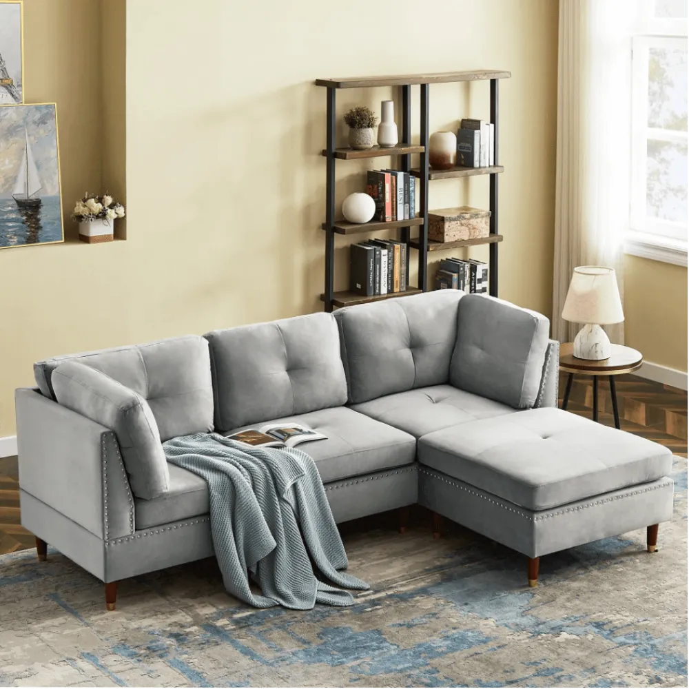 Glossy Sectional Suede Sofa Set With Ottoman