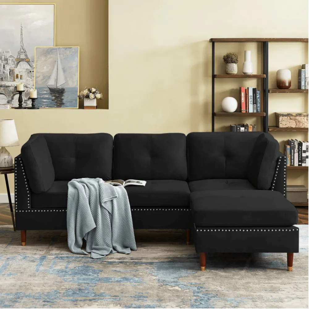 Glossy Sectional Suede Sofa Set With Ottoman