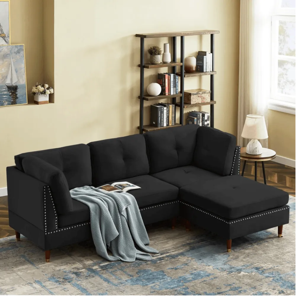 Glossy Sectional Suede Sofa Set With Ottoman