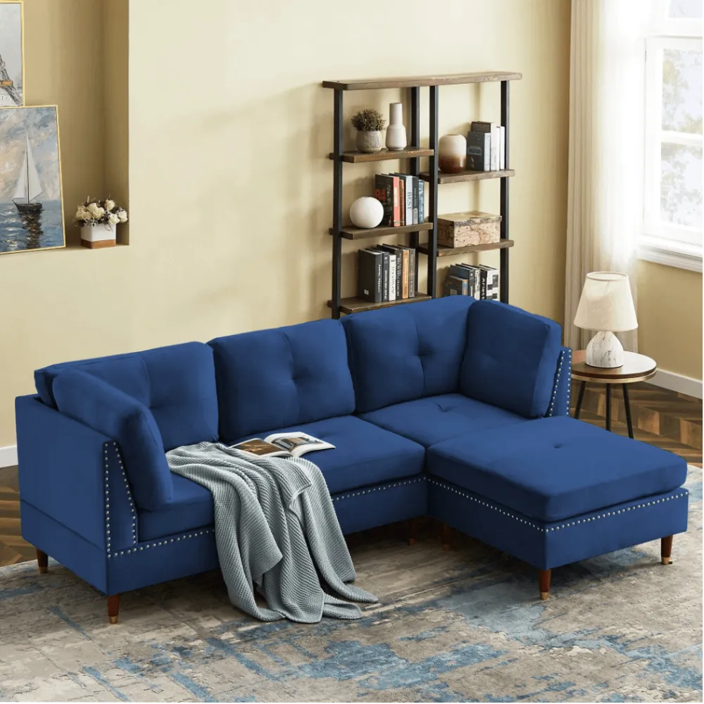 Glossy Sectional Suede Sofa Set With Ottoman
