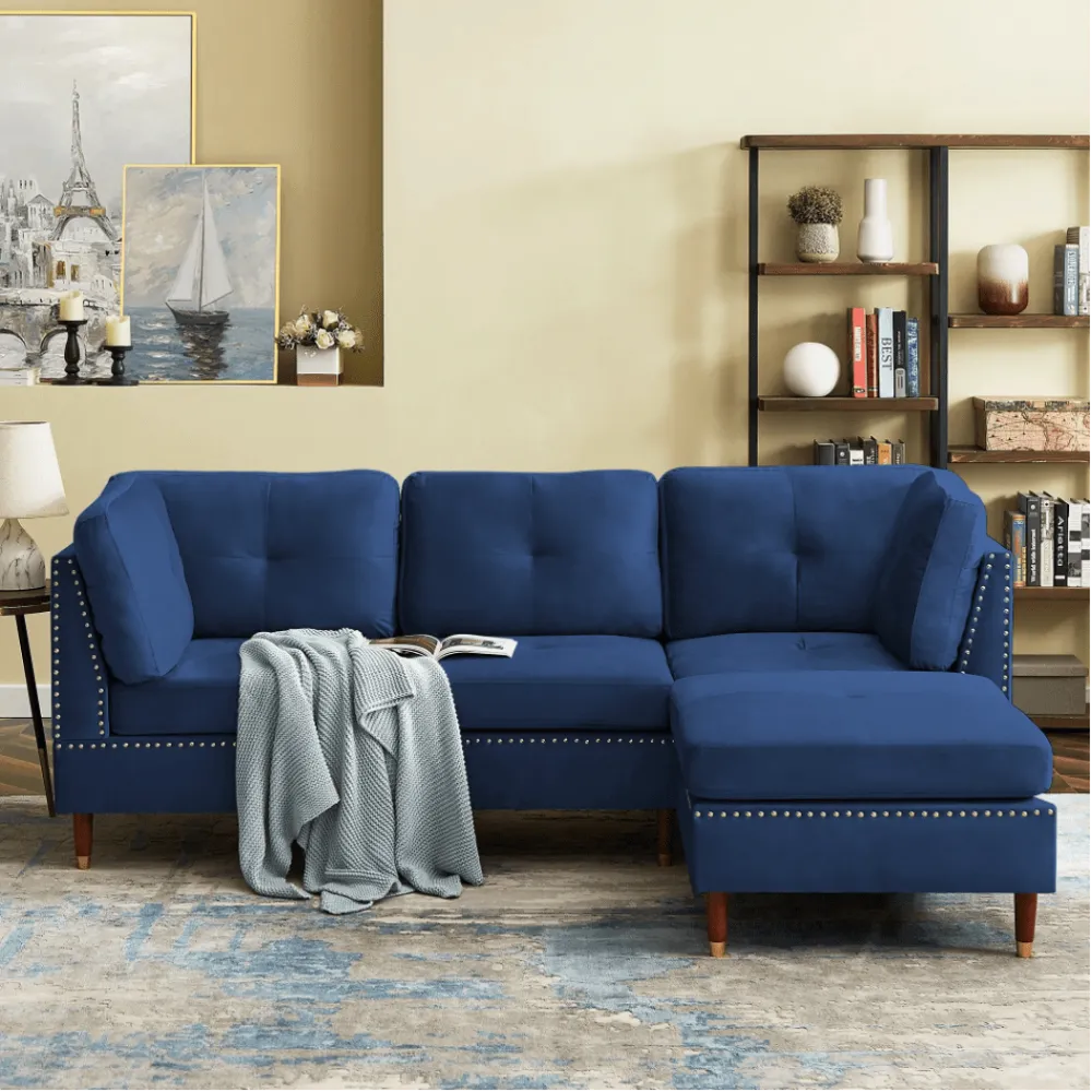 Glossy Sectional Suede Sofa Set With Ottoman