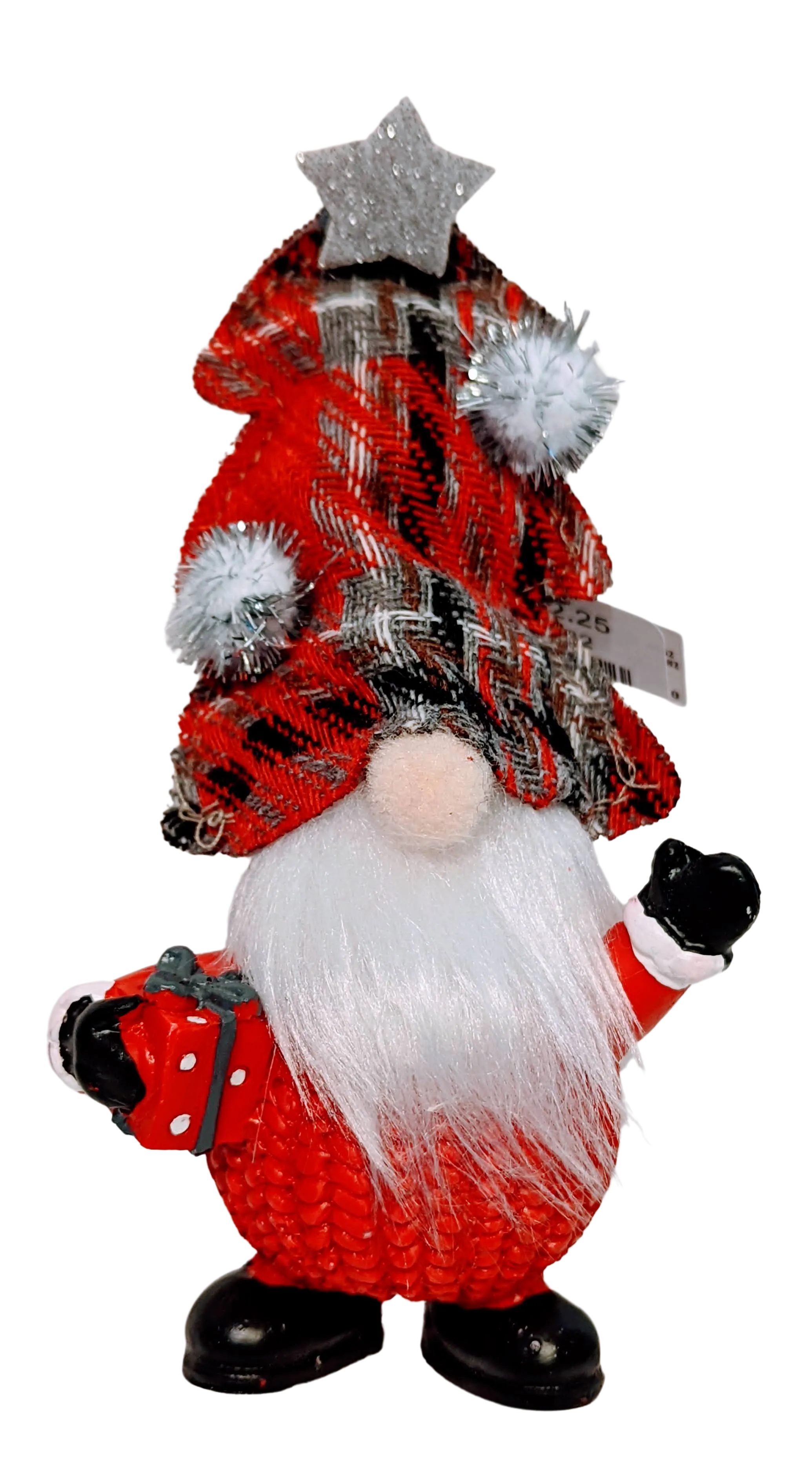 Gnome Figurine with Snow Hat Holding Candy Cane, Holding Present Or Hands in the Air
