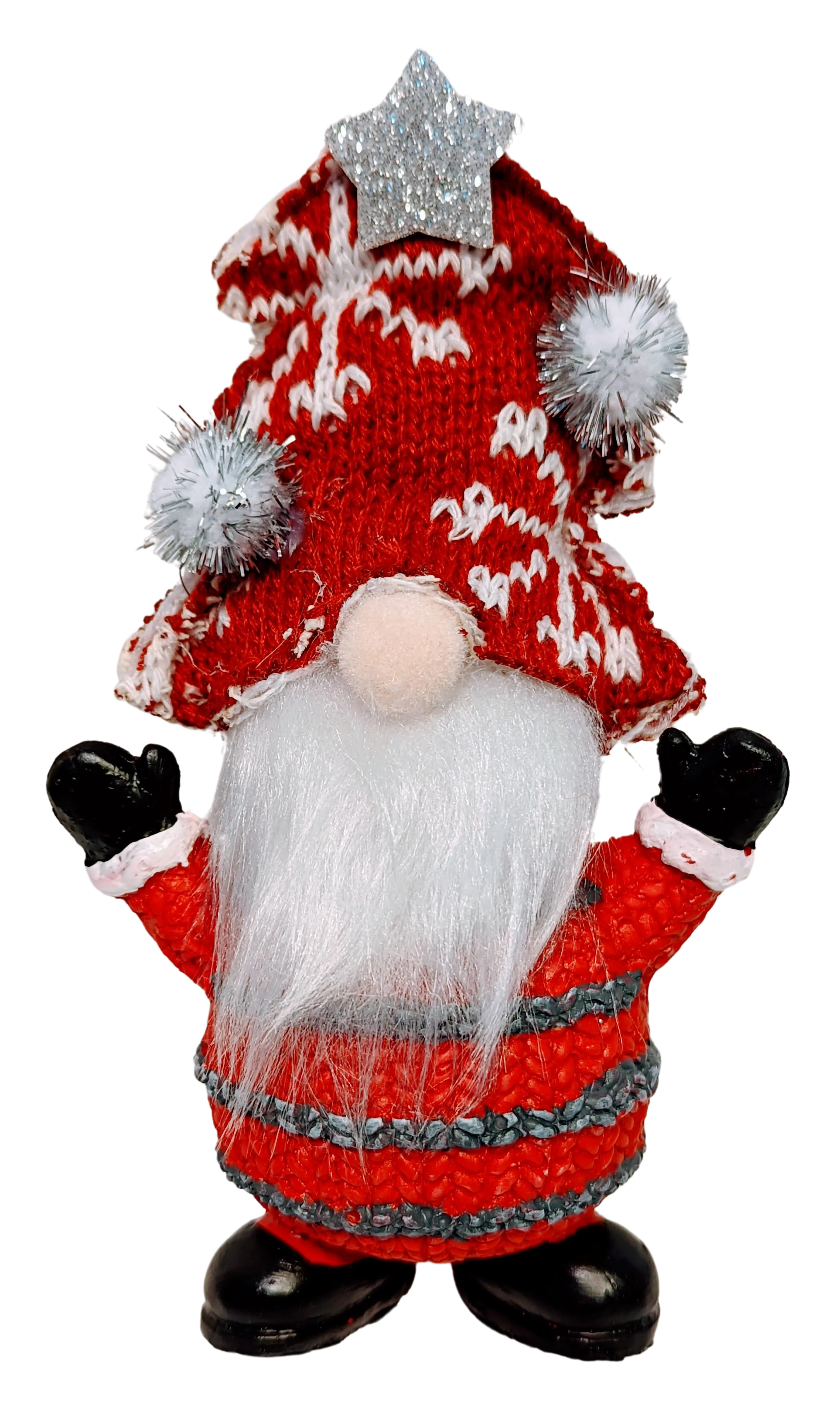 Gnome Figurine with Snow Hat Holding Candy Cane, Holding Present Or Hands in the Air