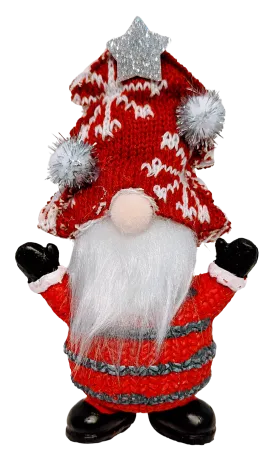 Gnome Figurine with Snow Hat Holding Candy Cane, Holding Present Or Hands in the Air