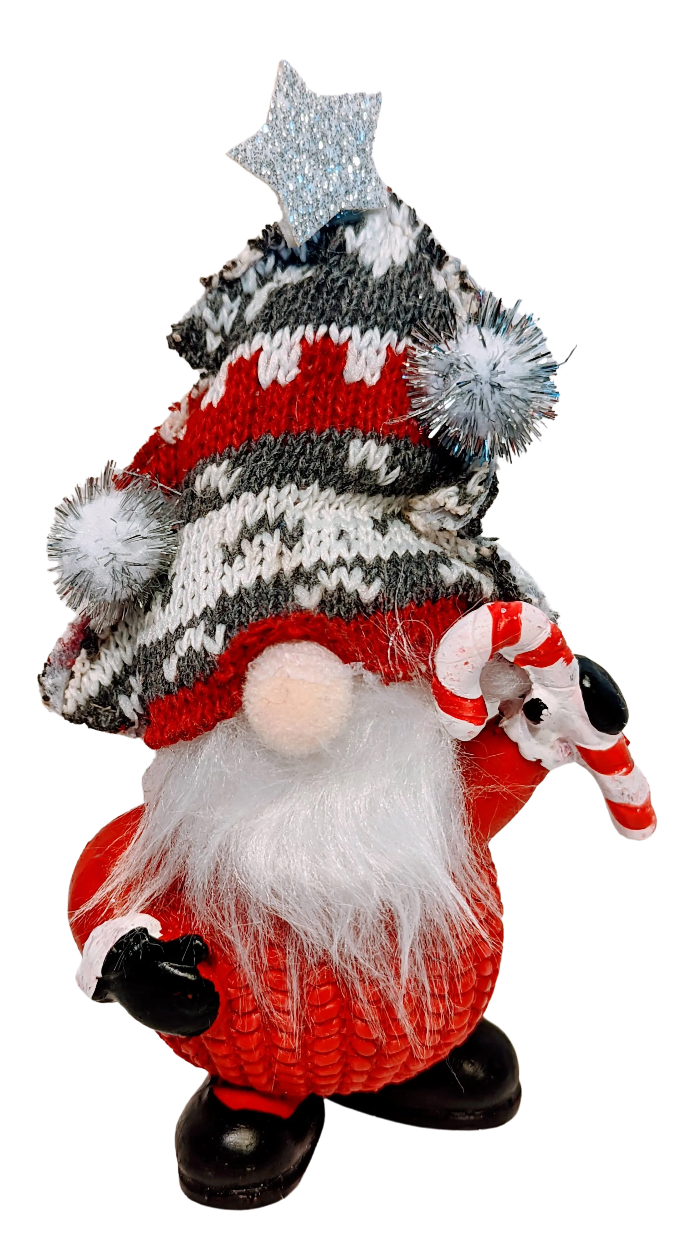 Gnome Figurine with Snow Hat Holding Candy Cane, Holding Present Or Hands in the Air