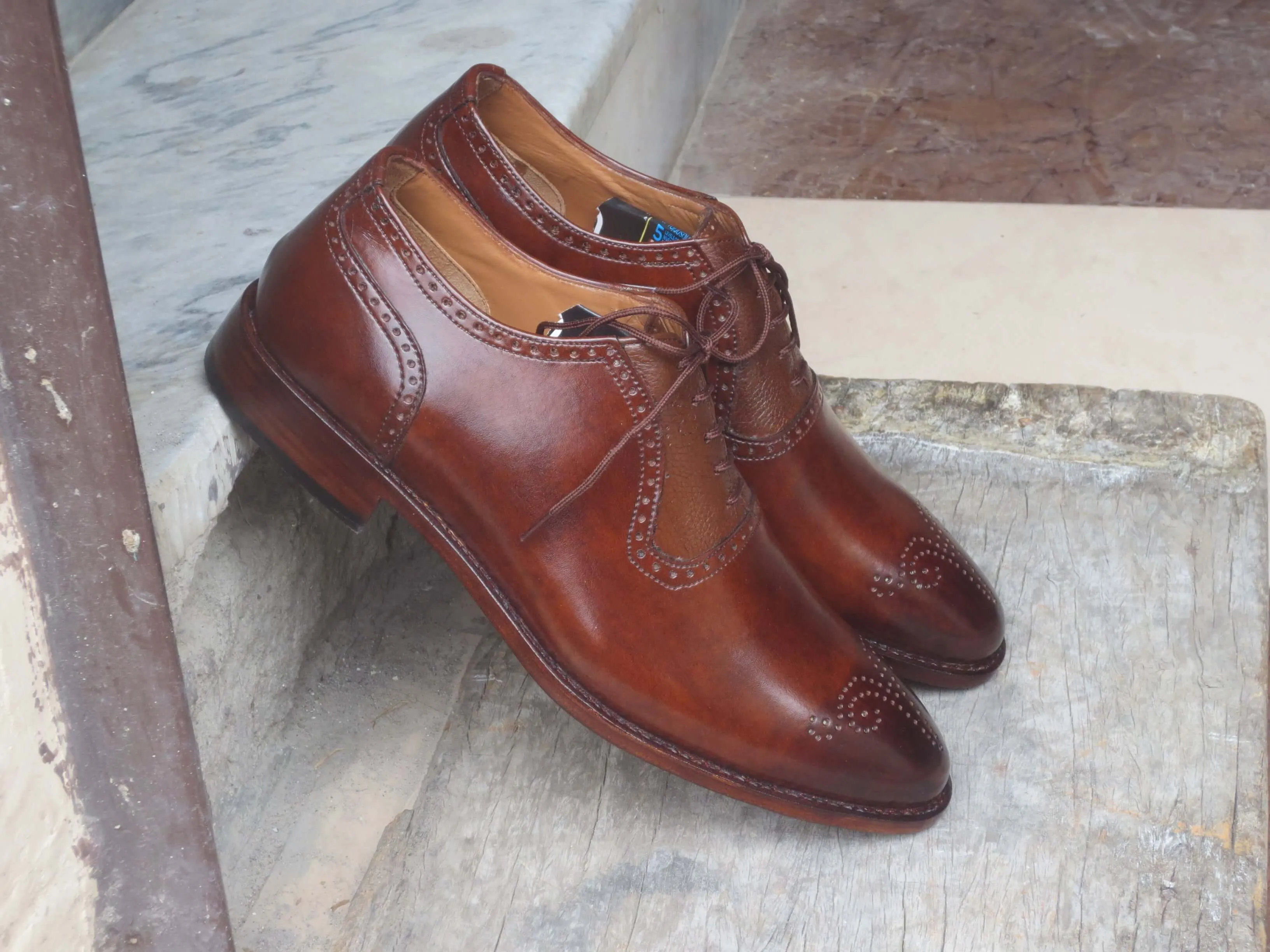 Handmade Brown Brogue Lace Up Pebbled Leather Shoes, Men Dress Formal Shoes