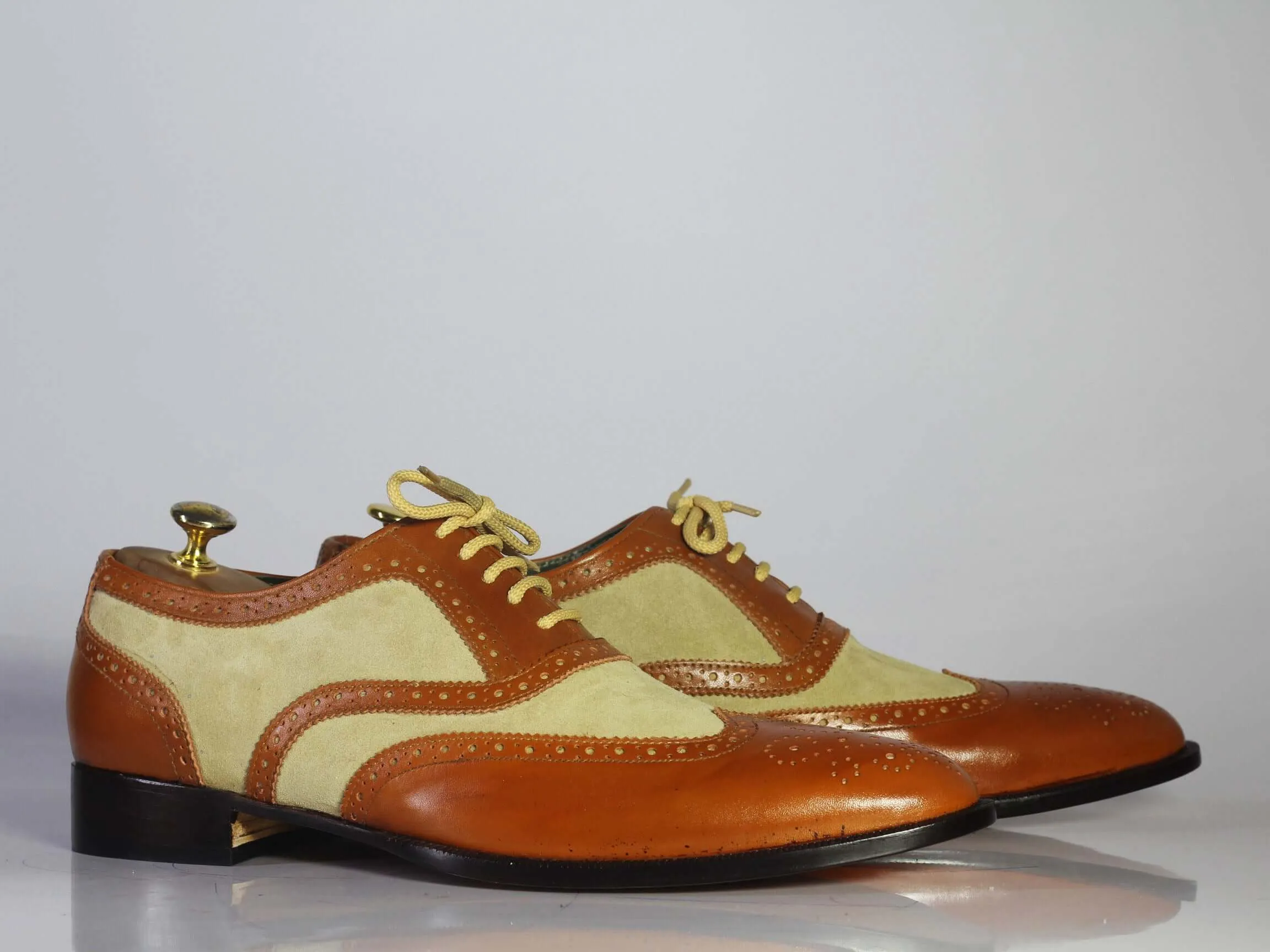 Handmade Men Brown White Wing Tip Brogue Shoes, Men Leather Suede Lace Up Shoes