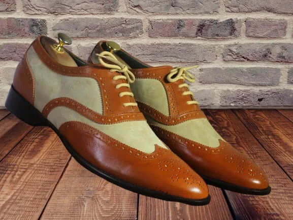 Handmade Men Brown White Wing Tip Brogue Shoes, Men Leather Suede Lace Up Shoes