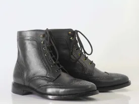 Handmade Men's Ankle High Black Leather Boots, Men Wing Tip Brogue Fashion Boots