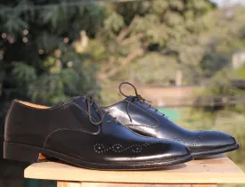 Handmade Men's Black Brogue Leather Stylish Shoes, Men Lace Up Black Dress Shoes