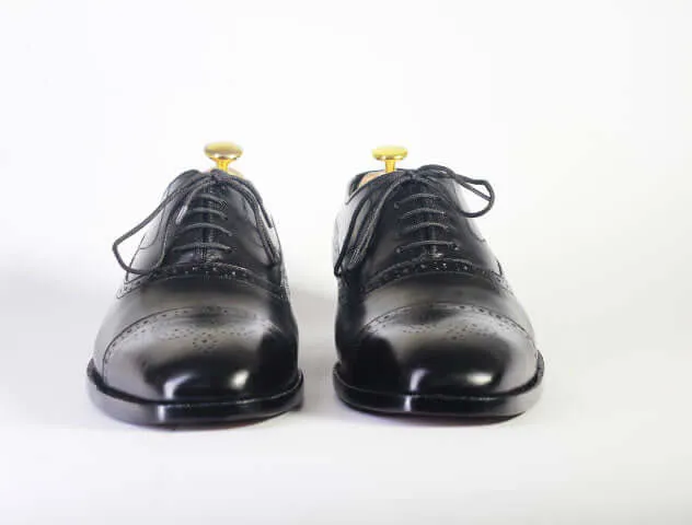Handmade Men's Black Cap Toe Brogue Leather Lace Up Shoes, Men Designer Dress Formal Luxury Shoes