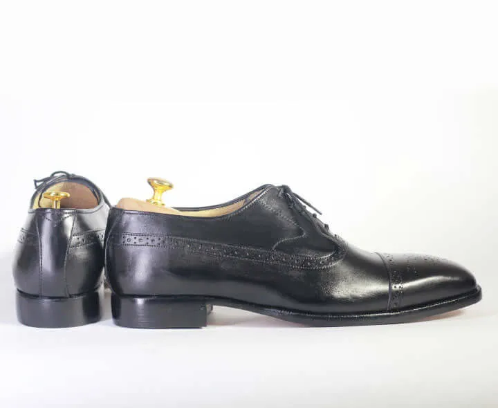 Handmade Men's Black Cap Toe Brogue Leather Lace Up Shoes, Men Designer Dress Formal Luxury Shoes