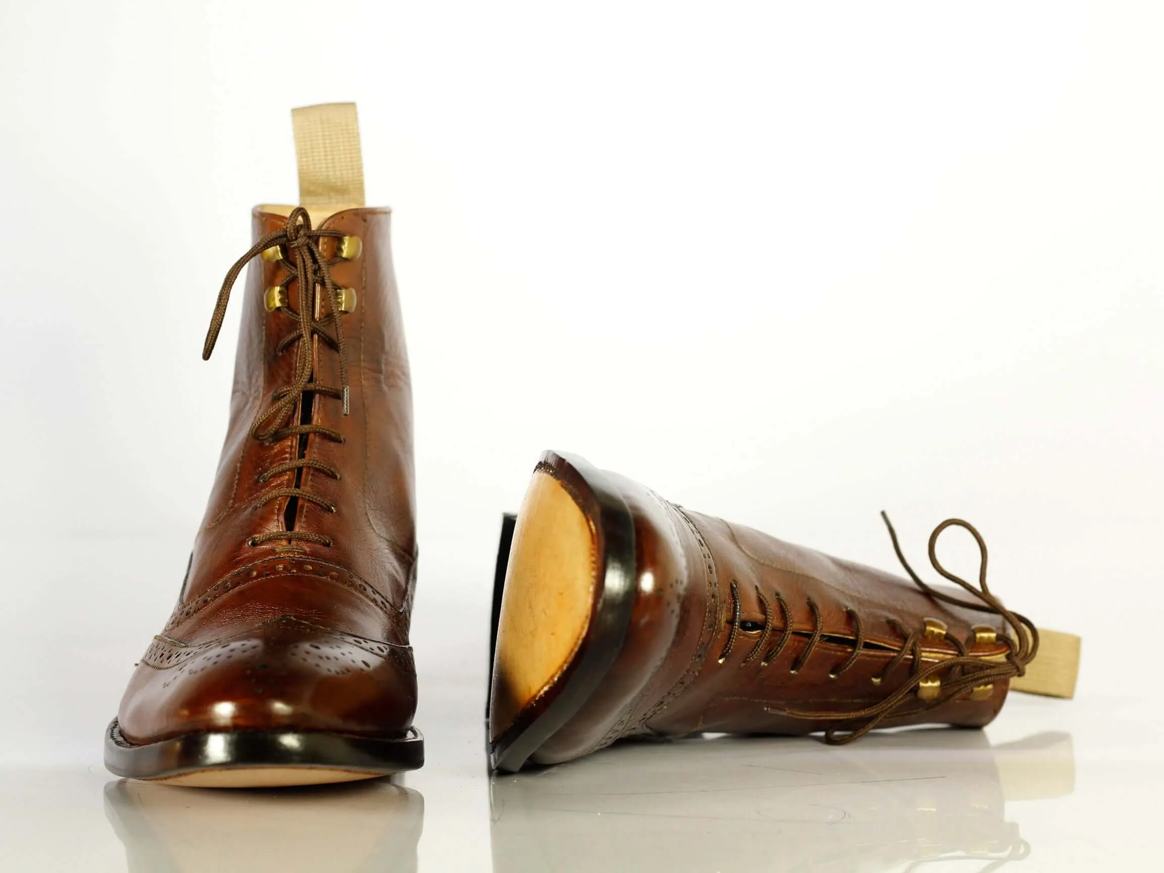 Handmade Men's Brown Leather Wing Tip Brogue Lace Up Boots, Men Ankle Boots, Men Designer Boots