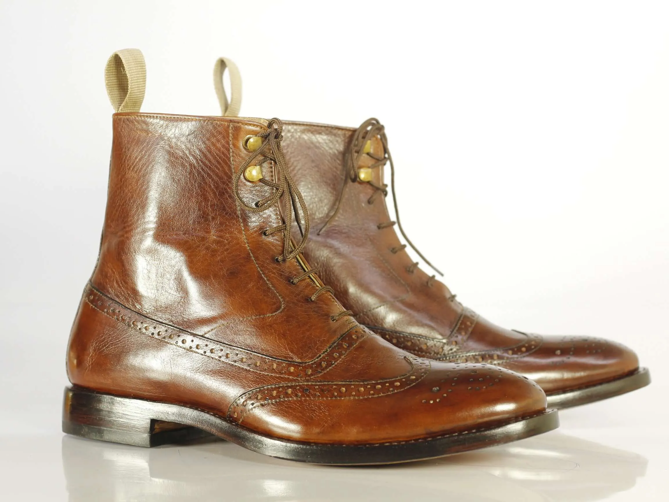 Handmade Men's Brown Leather Wing Tip Brogue Lace Up Boots, Men Ankle Boots, Men Designer Boots