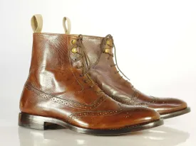 Handmade Men's Brown Leather Wing Tip Brogue Lace Up Boots, Men Ankle Boots, Men Designer Boots