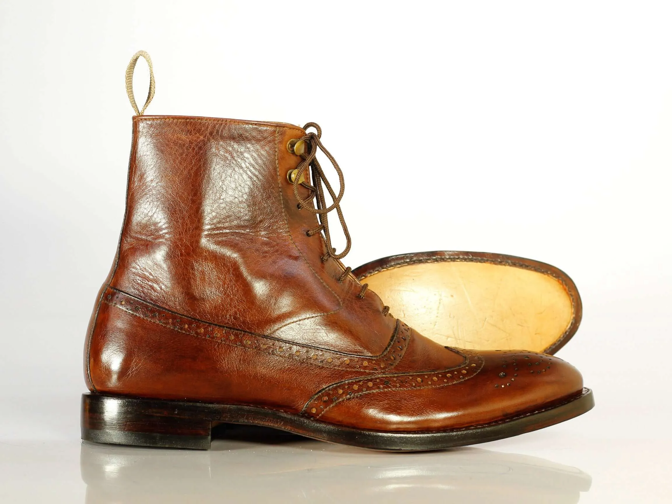 Handmade Men's Brown Leather Wing Tip Brogue Lace Up Boots, Men Ankle Boots, Men Designer Boots