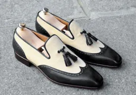 Handmade Men's fashion wingtip two tone leather shoes, Men's beige and Black shoes