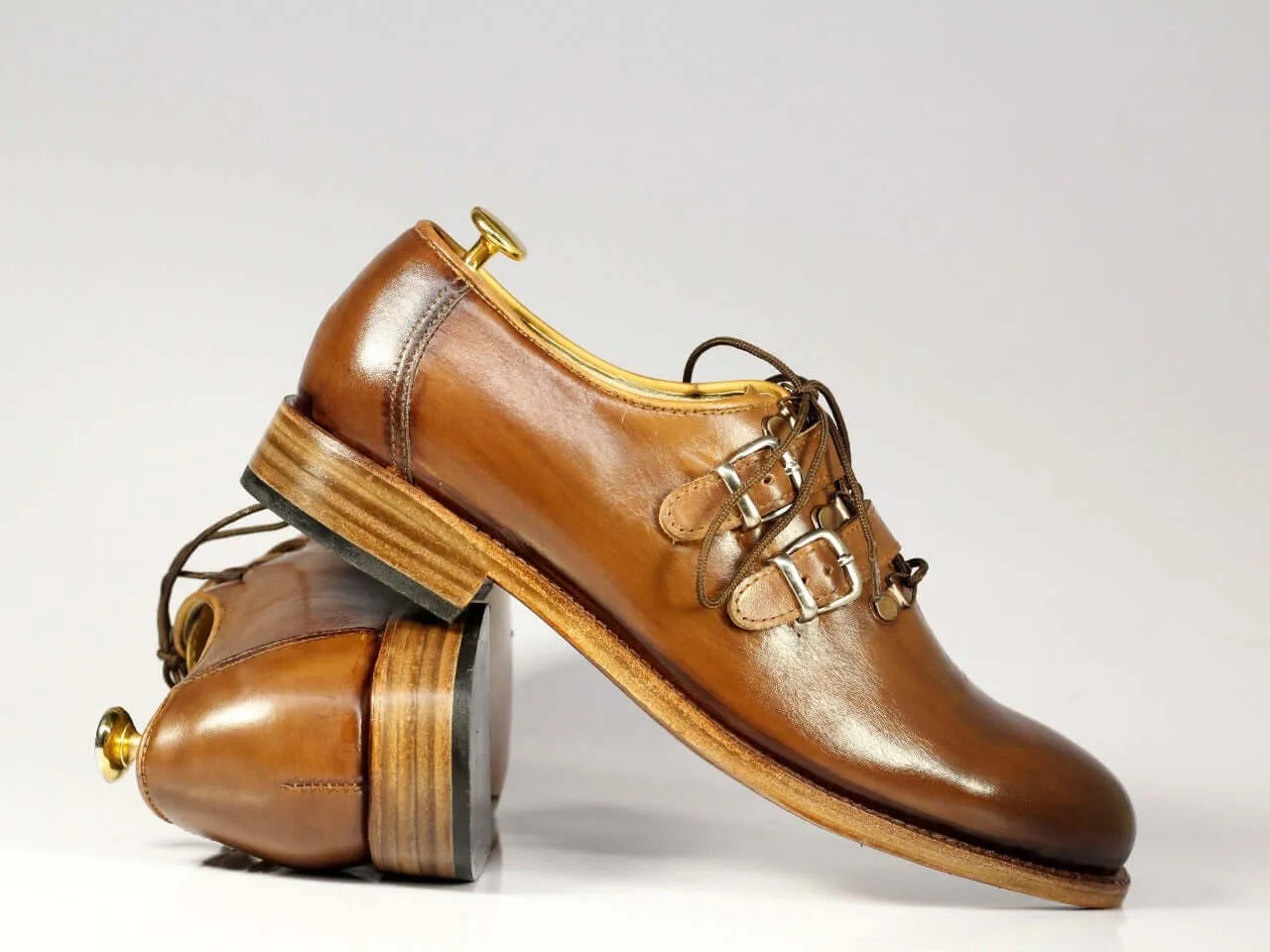 Handmade Men's Leather Lace Up & Double Strap Buckles Shoes, Men Designer Dress Formal Shoes