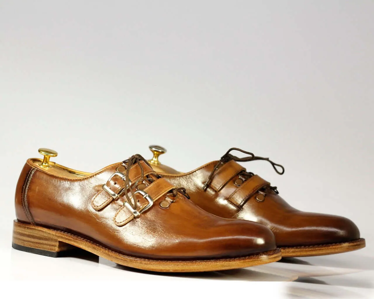 Handmade Men's Leather Lace Up & Double Strap Buckles Shoes, Men Designer Dress Formal Shoes