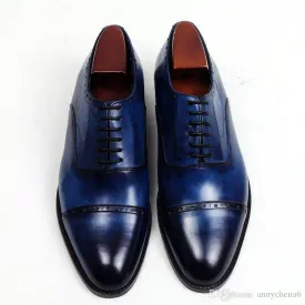 Handmade Men’s Navy Color Leather Shoes, Men Cap Toe Dress Formal Lace Up Shoes